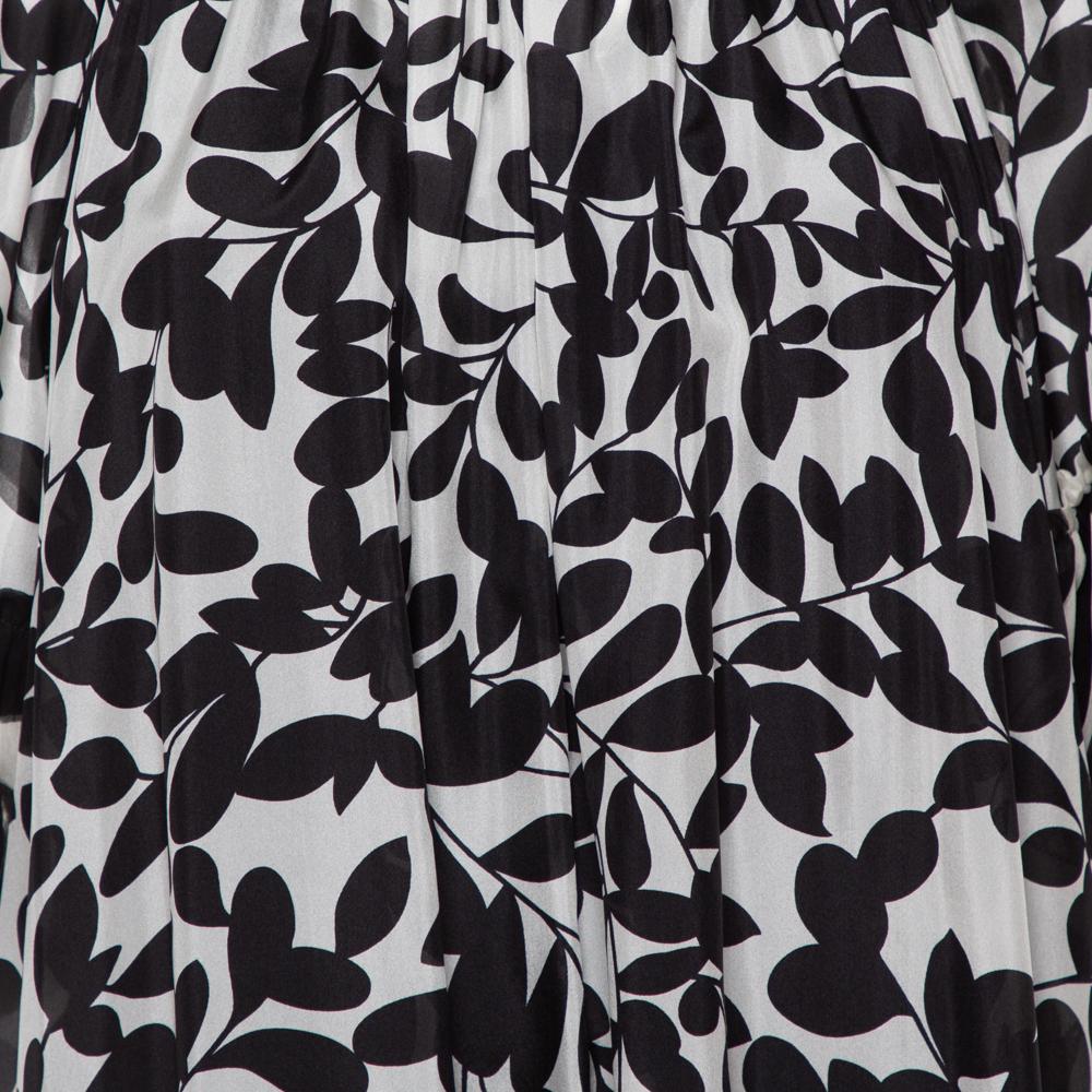 Black Dolce & Gabbana Monochrome Leaf Printed Silk Ruffled Midi Dress M For Sale