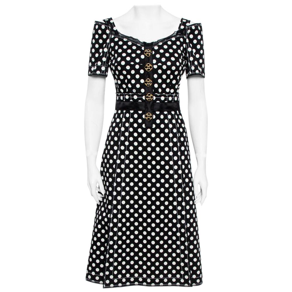 Dolce and Gabbana Monochrome Polka Dot Print Cotton Canvas Dress S at