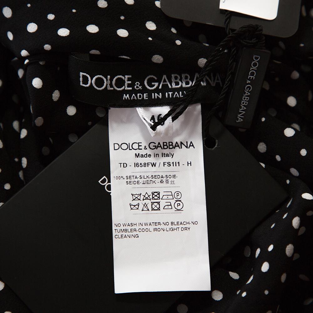 Dolce & Gabbana Monochrome Polka Dot Silk Belted Maxi Dress L In New Condition In Dubai, Al Qouz 2