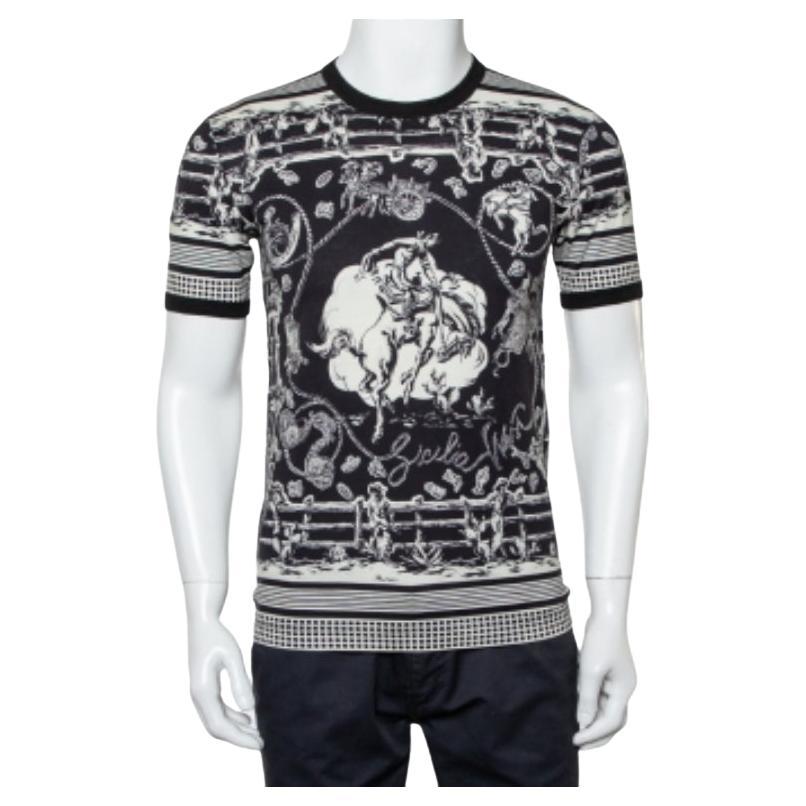 Dolce & Gabbana Monochrome Printed Cotton Crewneck T-Shirt XS For Sale
