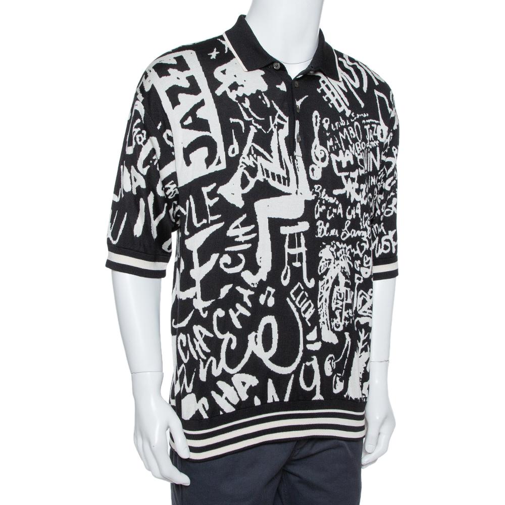 Dolce & Gabbana Monochrome Seide Jazz drucken Intarsien stricken Polo T Shirt XXL (Schwarz)