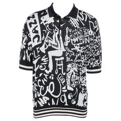 Dolce & Gabbana Monochrome Silk Jazz Print Intarsia Knit Polo T Shirt XXL