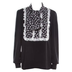 Dolce & Gabbana Monochrome Small Flower Print Silk Ruffled Bib Blouse M