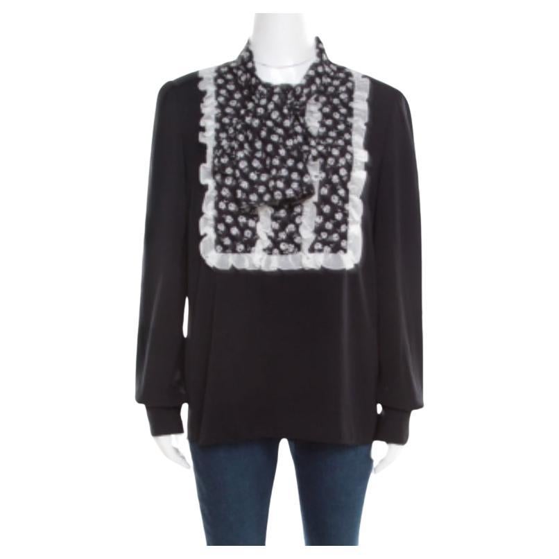 Dolce & Gabbana Blusa con pechera de seda con volantes y estampado monocromo de flores pequeñas M