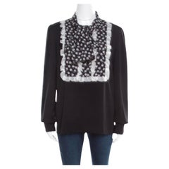 Dolce & Gabbana Monochrome Small Flower Print Silk Ruffled Bib Blouse M