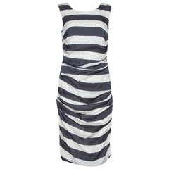 Dolce & Gabbana Monochrome Striped Stretch Silk Ruched Dress L