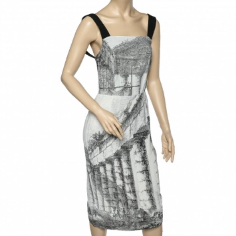 Gray Dolce & Gabbana Monochrome Temple Printed Crepe Sleeveless Midi Dress S