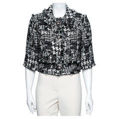 Dolce & Gabbana Monochrome Tweed Fringed Detail Button Front Cropped Blazer M