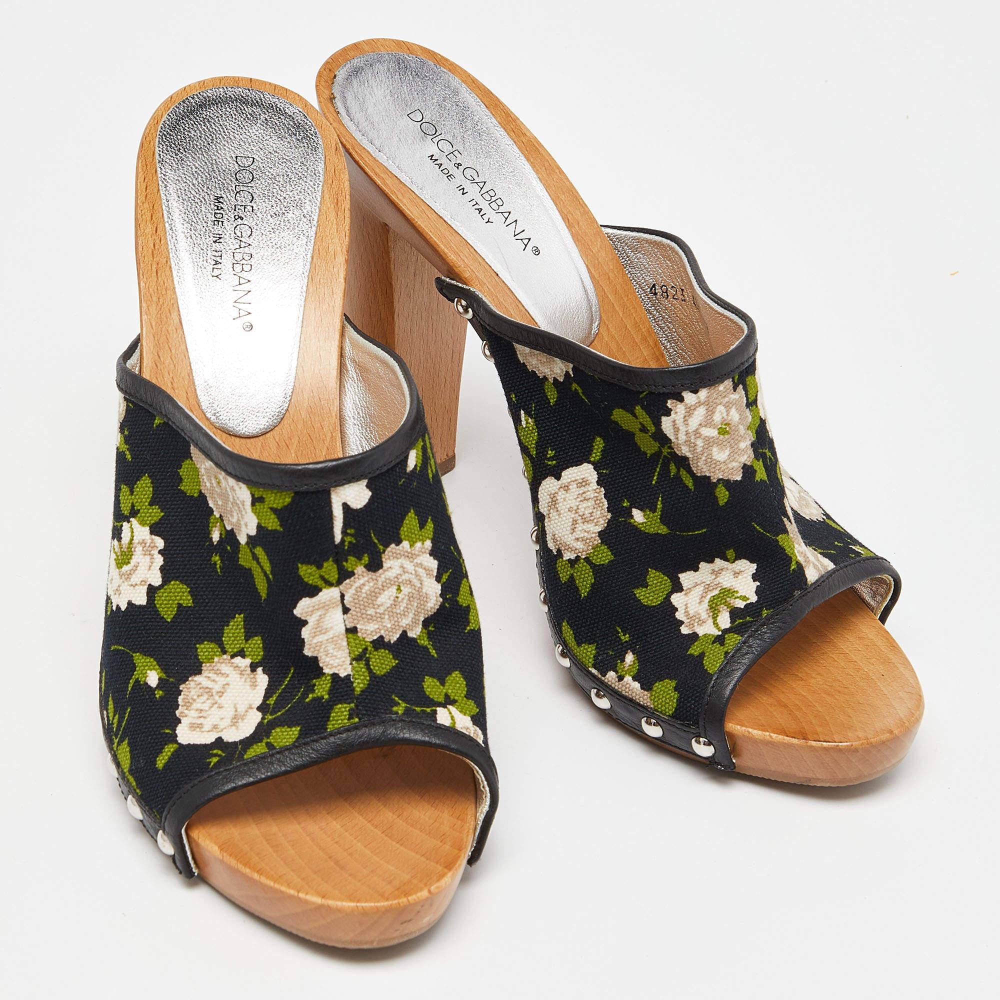 Women's Dolce & Gabbana Mukticolor Floral Canvas and Leather Block Heel Mules Size 38 For Sale