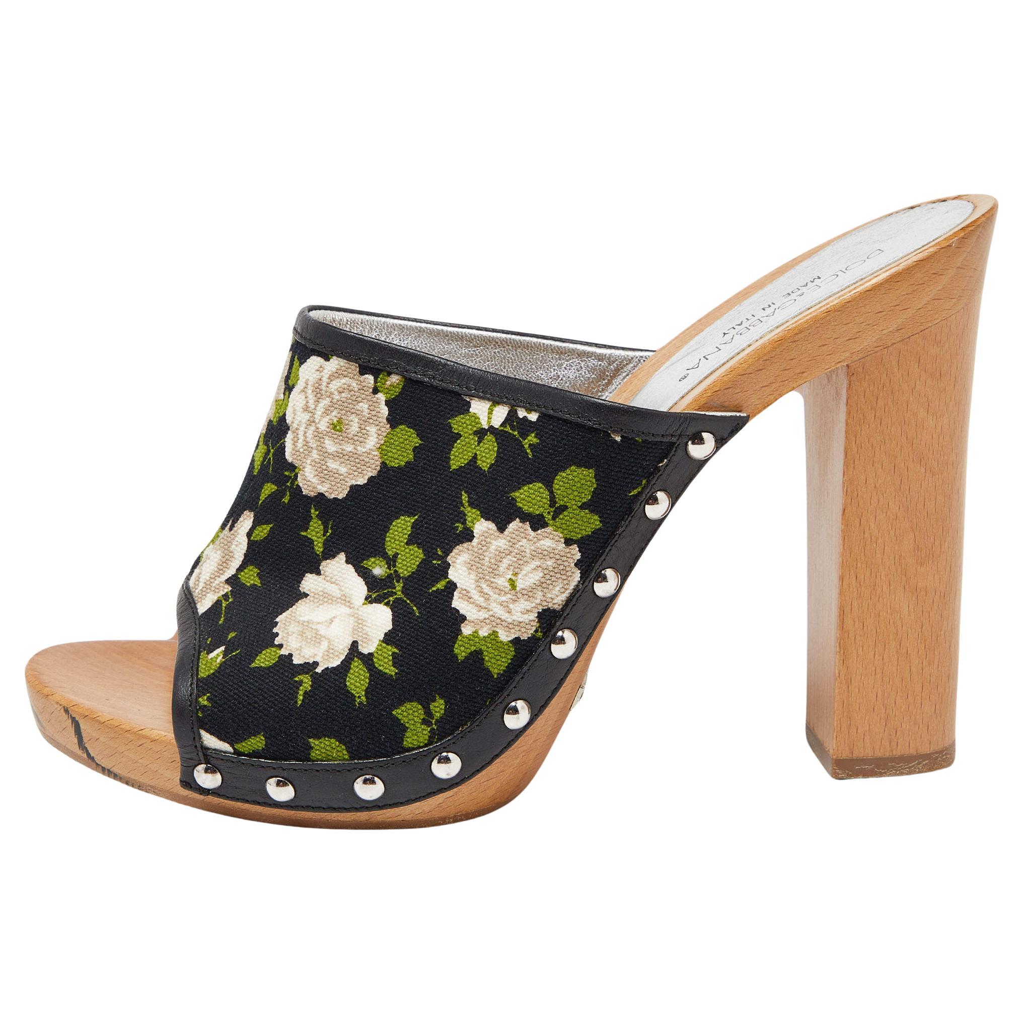 Dolce & Gabbana Mukticolor Floral Canvas and Leather Block Heel Mules Size 38 For Sale