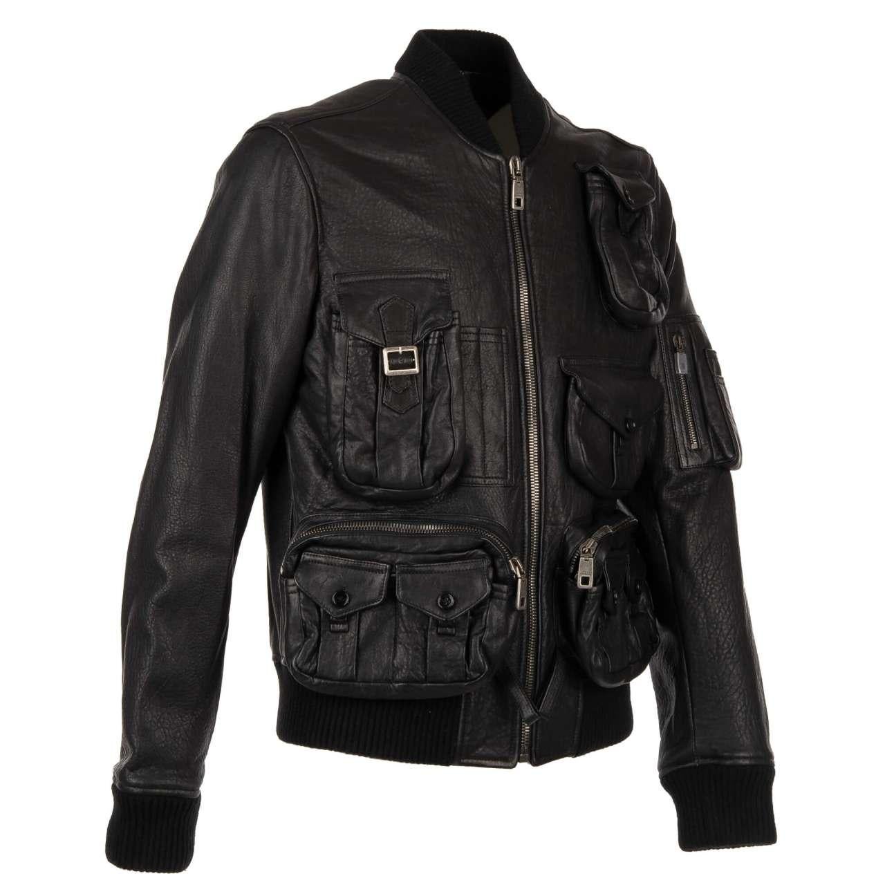 Dolce & Gabbana - Multi-Pocket Military Inspired Nappa Leather Jacket Black 46 In Excellent Condition For Sale In Erkrath, DE