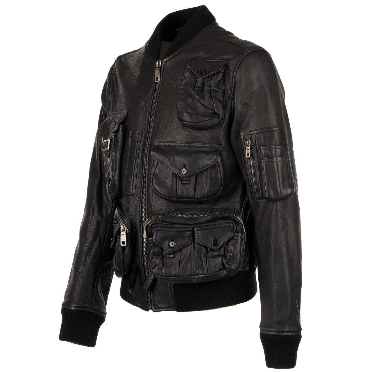 Men's Dolce & Gabbana - Multi-Pocket Military Inspired Nappa Leather Jacket Black 46 For Sale