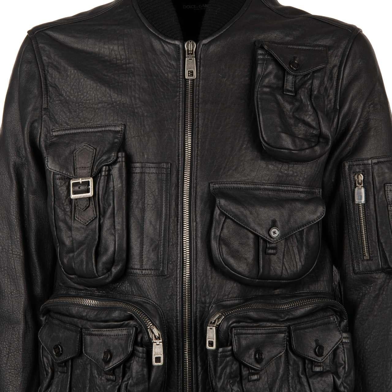 Dolce & Gabbana - Multi-Pocket Military Inspired Nappa Leather Jacket Black 46 For Sale 1