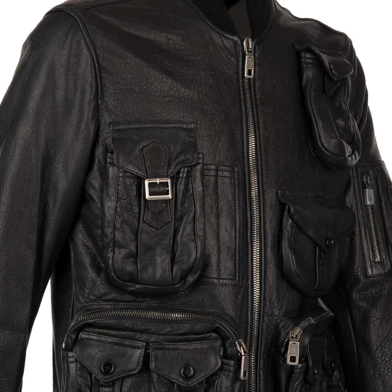 Dolce & Gabbana - Multi-Pocket Military Inspired Nappa Leather Jacket Black 46 For Sale 2
