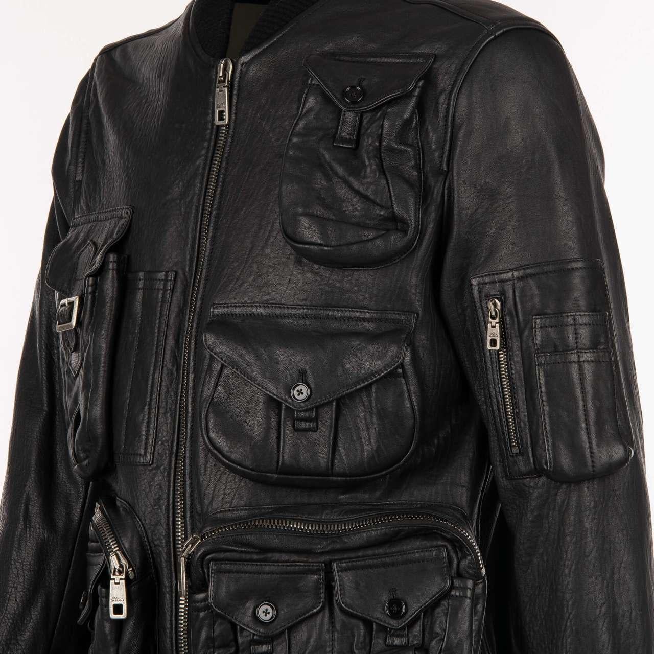 Dolce & Gabbana - Multi-Pocket Military Inspired Nappa Leather Jacket Black 46 For Sale 3