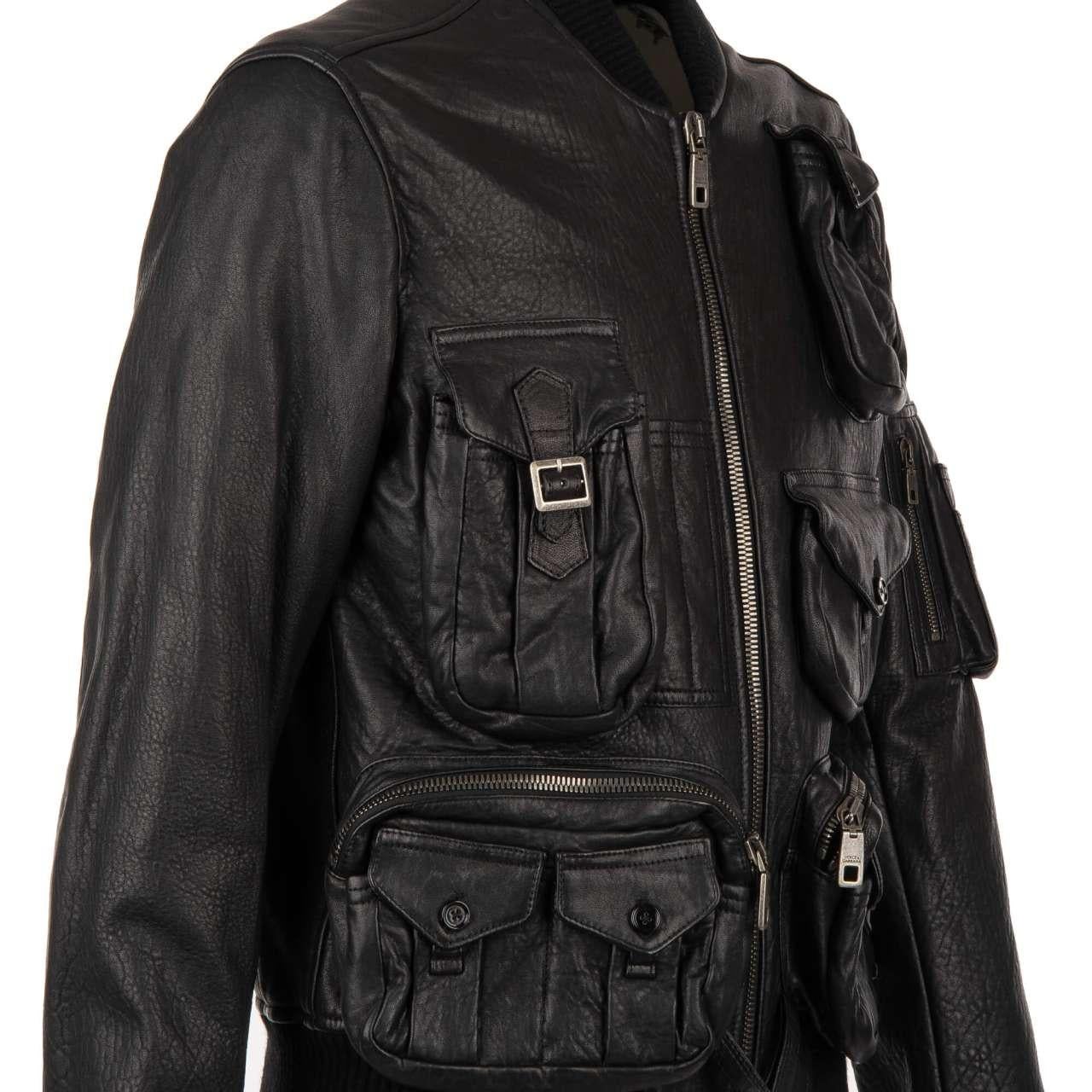 Dolce & Gabbana - Multi-Pocket Military Inspired Nappa Leather Jacket Black 46 For Sale 5