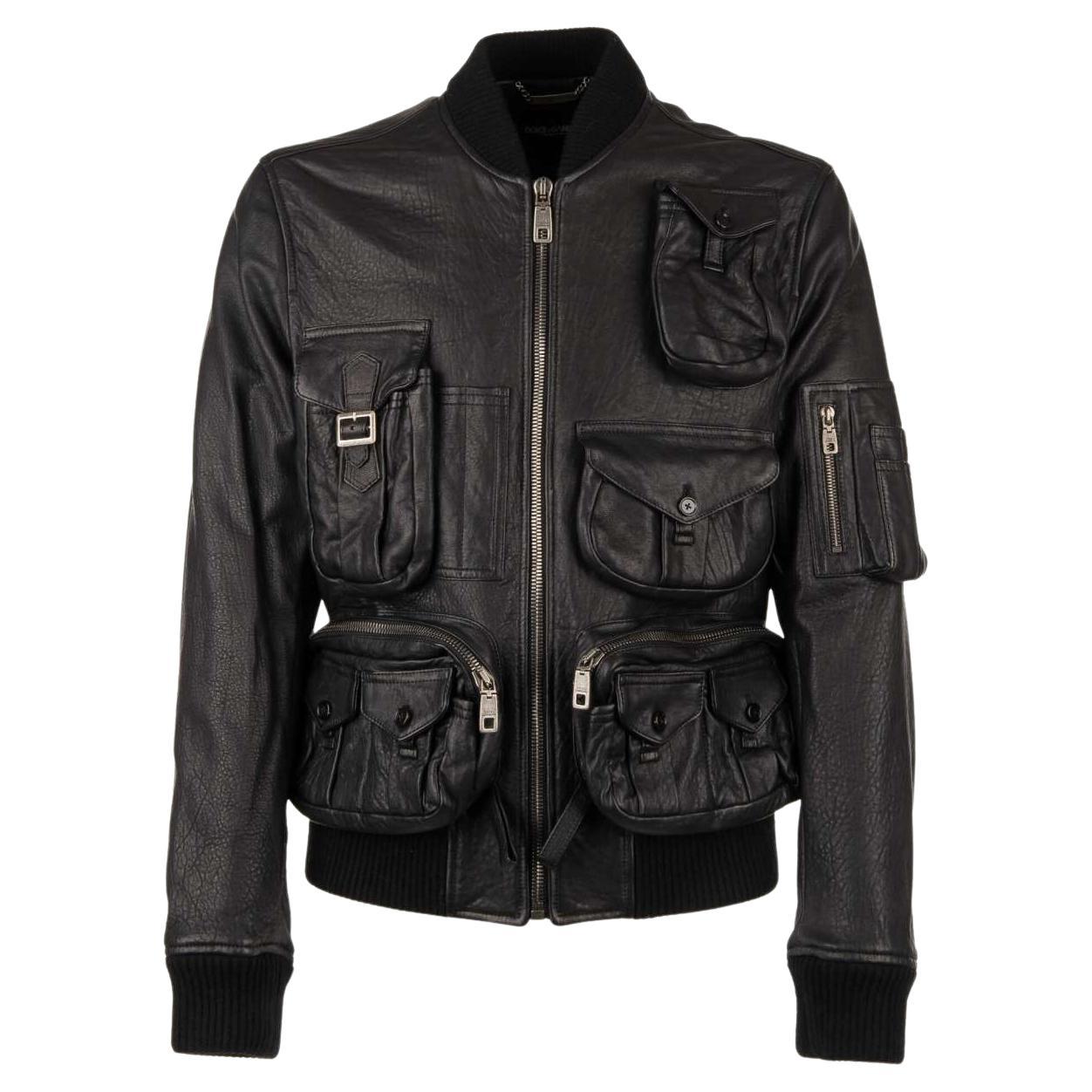 Dolce & Gabbana - Multi-Pocket Military Inspired Nappa Leather Jacket Black 46 For Sale