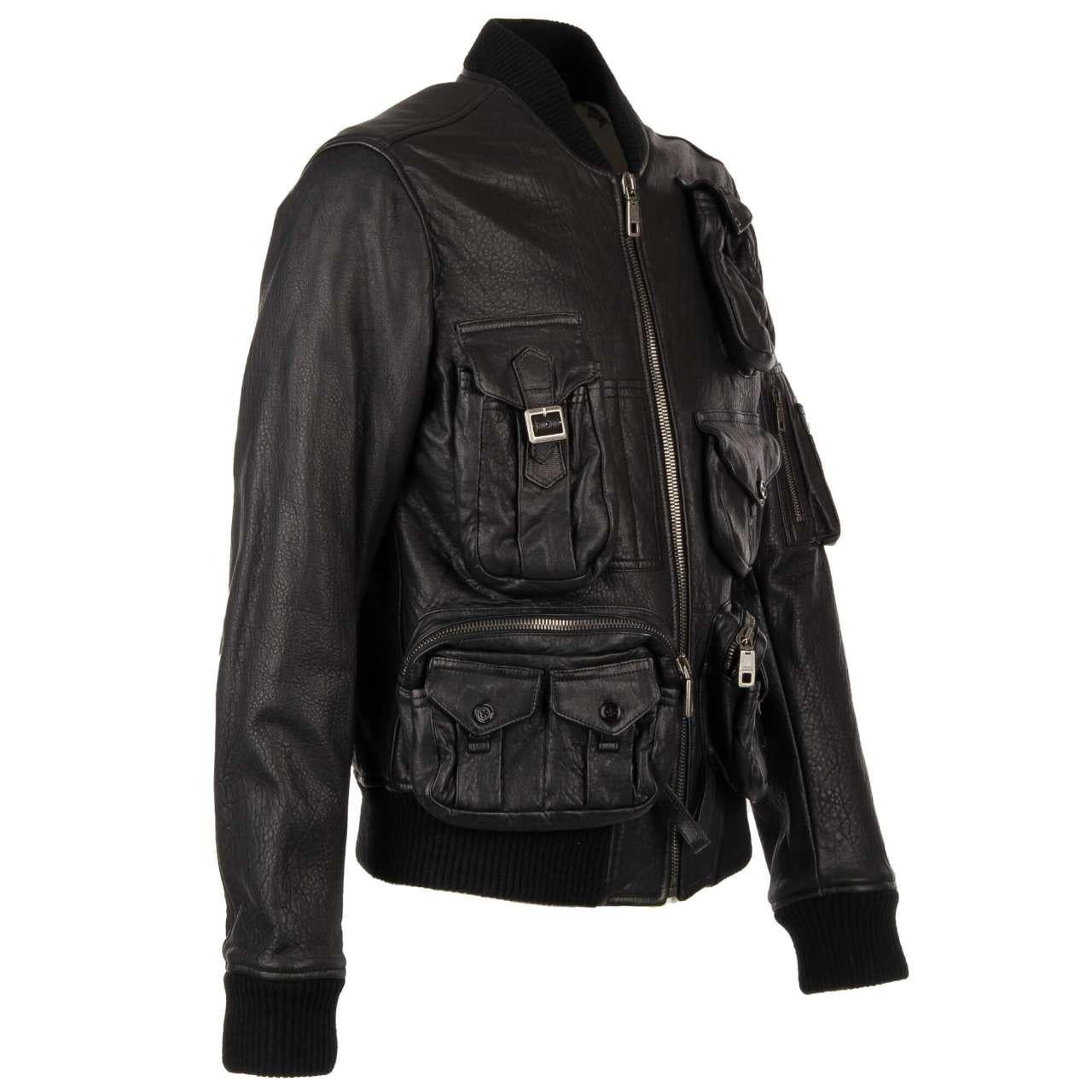 Dolce & Gabbana - Multi-Pocket Military Inspired Nappa Leather Jacket Black 48 In Excellent Condition For Sale In Erkrath, DE