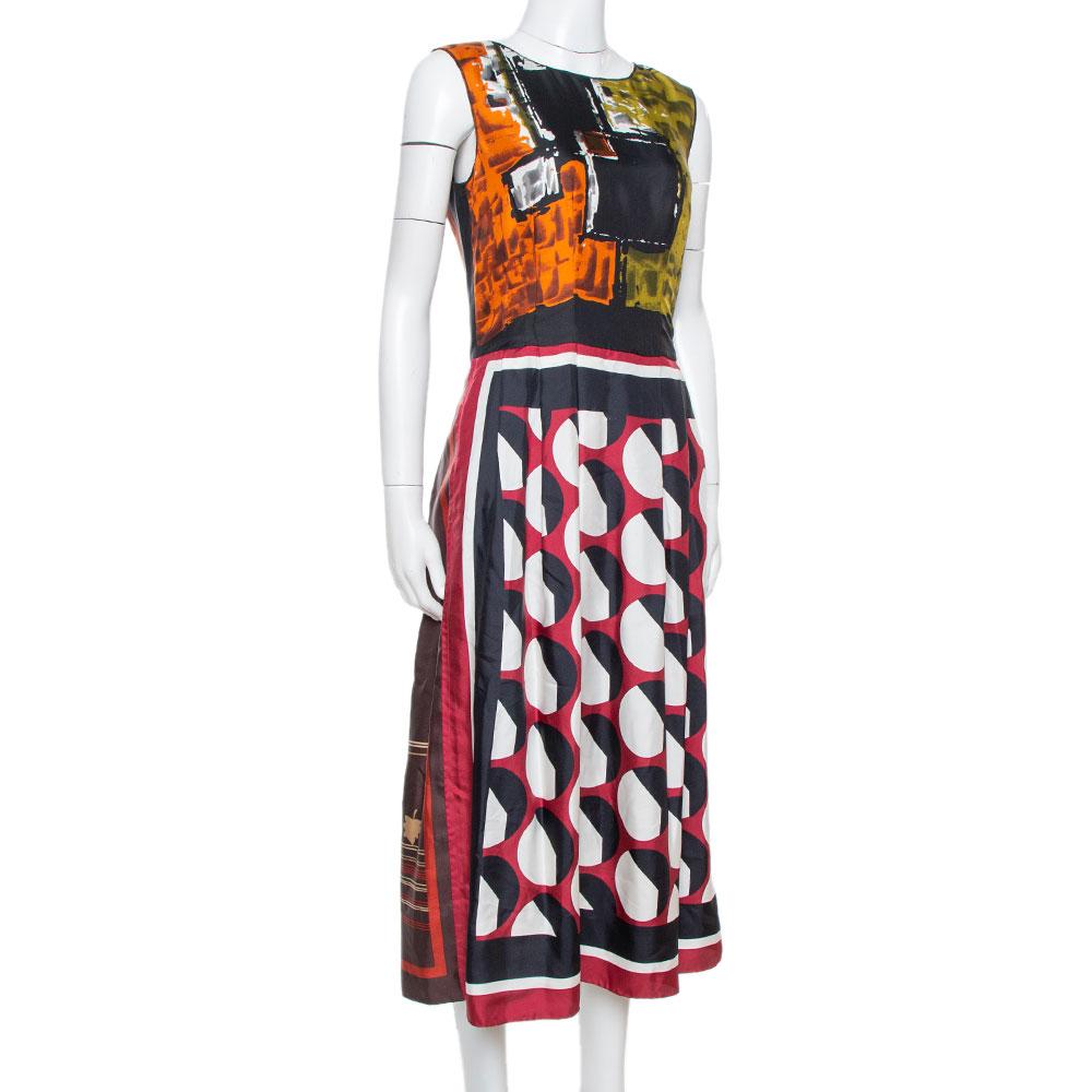 Beige Dolce & Gabbana Multicolor Abstract Print Silk Sleeveless Dress M