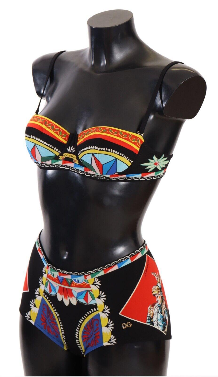 Dolce & Gabbana Multicolor Black Carretto Swimsuit Swimwear Beachwear Bikini DG In New Condition For Sale In WELWYN, GB