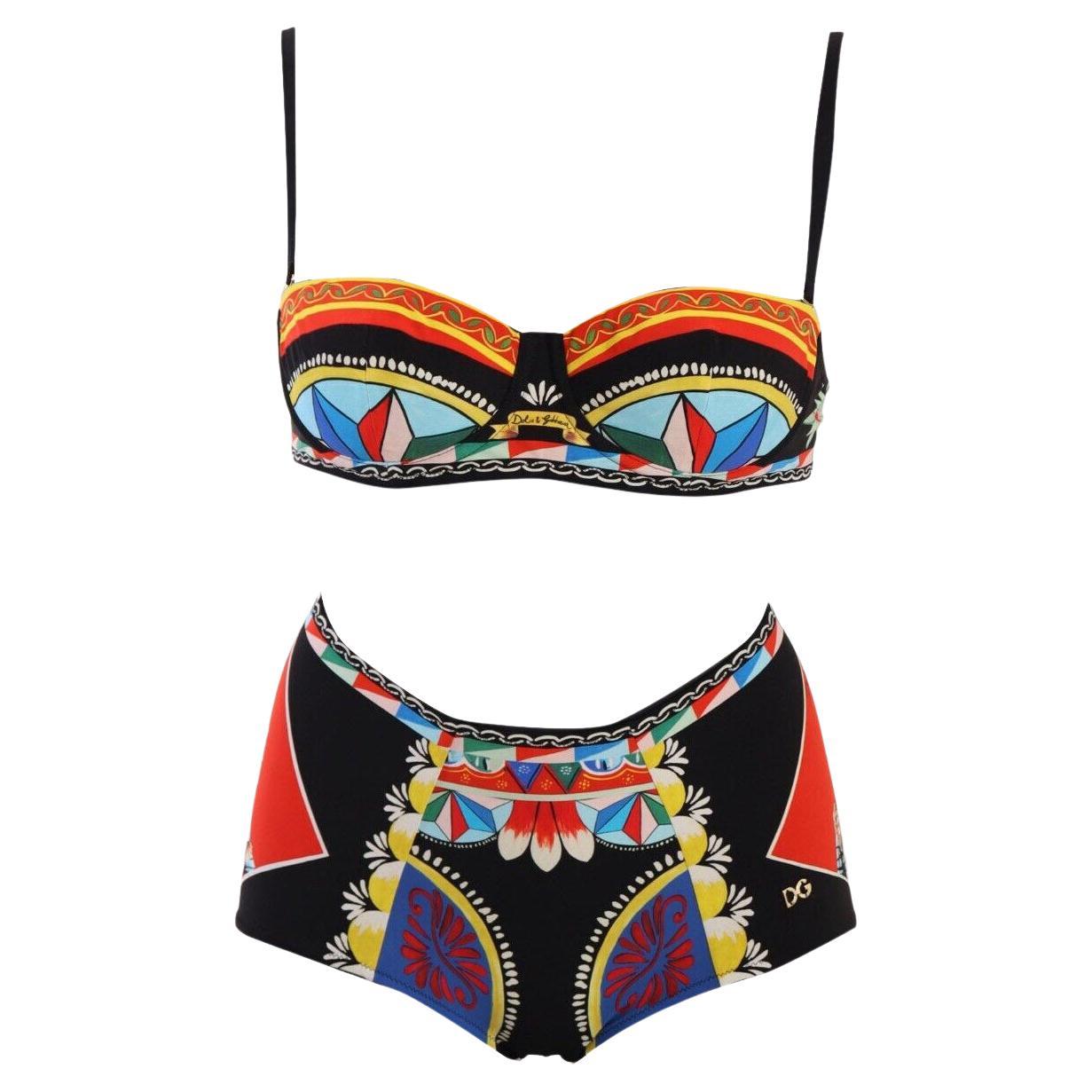 Dolce & Gabbana Multicolor Black Carretto Swimsuit Swimwear Beachwear Bikini DG For Sale