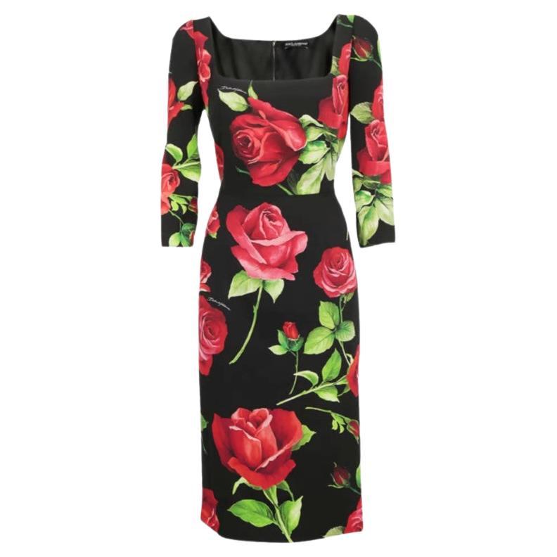 Dolce & Gabbana Multicolor Black Red Silk Rose Mid-length Dress Flowers Leaves