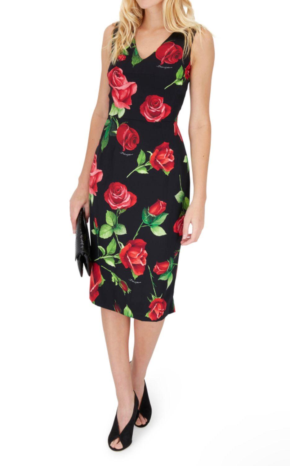 Women's Dolce & Gabbana Multicolor Black Red Silk Rose Sleeveless Sheath Dress Flowers