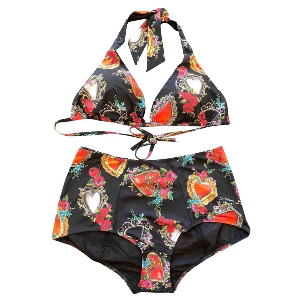Bikini Dolce & Gabbana Noir à Fleurs Rouges Taille M (UK10) - Neuf Avec étiquettes