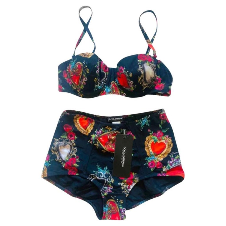 Bikini Dolce & Gabbana Noir Et Rouge Cerise à Fleurs - Taille M, Bonnet D - Neuf Avec étiquettes