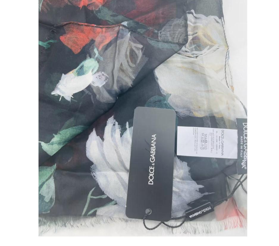 Women's Dolce & Gabbana Multicolor Black Silk Twill Roses Scarf Wrap Floral Cover Up For Sale