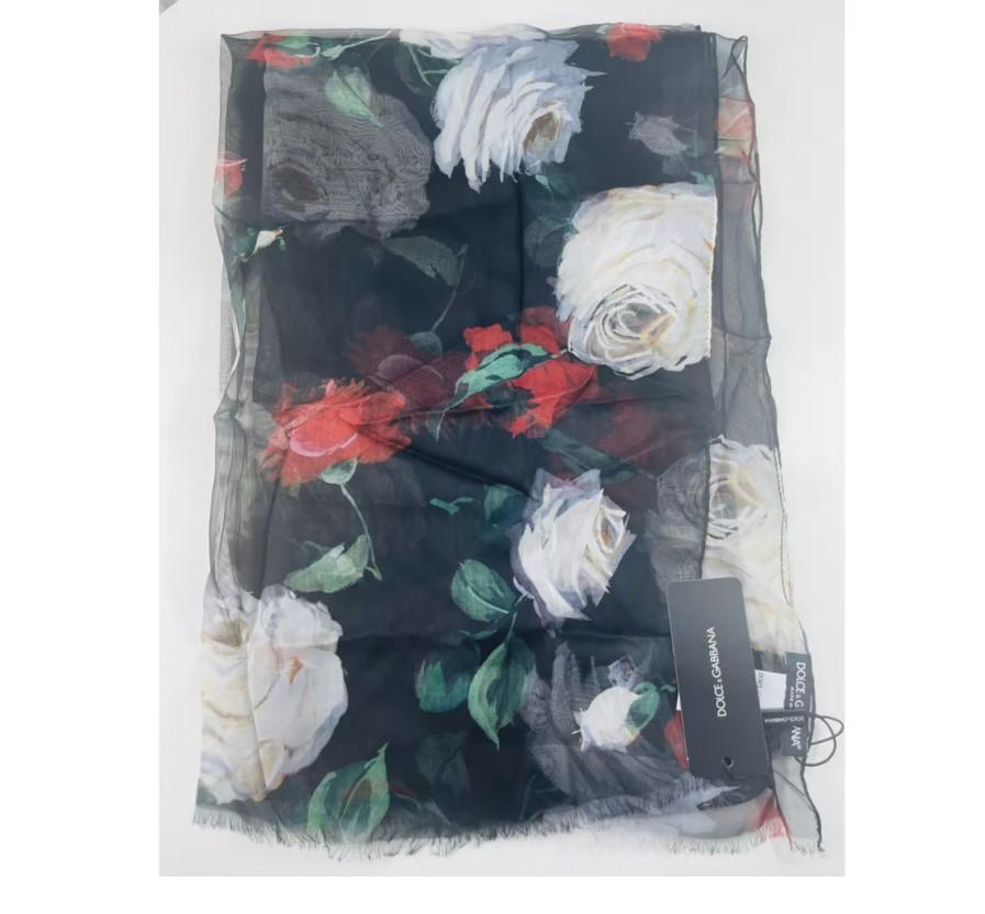 Dolce & Gabbana Multicolor Black Silk Twill Roses Scarf Wrap Floral Cover Up For Sale 1