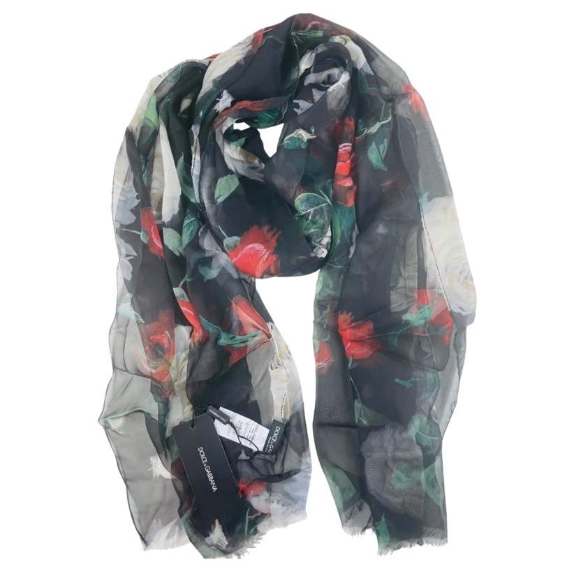 Dolce & Gabbana Multicolor Black Silk Twill Roses Scarf Wrap Floral Cover Up For Sale