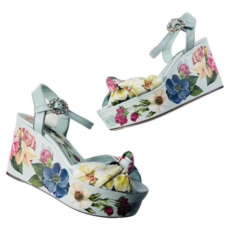 Dolce and Gabbana Multicolor Blue Leather Floral Camelia Wedge Sandals Shoes  Heels For Sale at 1stDibs