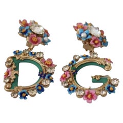 Dolce & Gabbana Multicolor Brass Crystal DG Floral Clip-on Dangle Earrings 