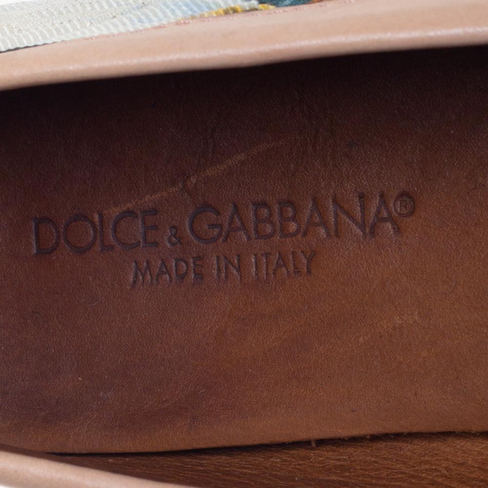 Beige Dolce & Gabbana Multicolor Brocade Fabric Crystal Embellished Loafers Size 37