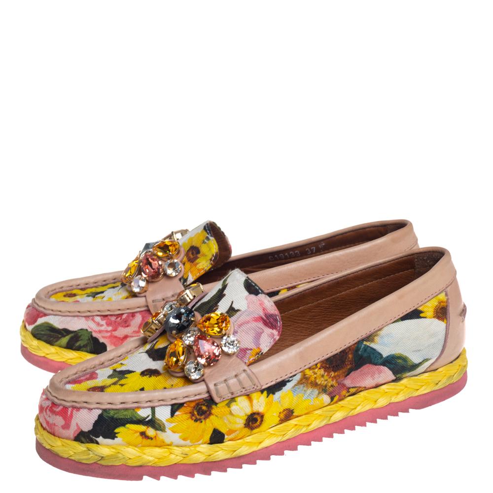 Dolce & Gabbana Multicolor Brocade Fabric Crystal Embellished Loafers Size 37 In Good Condition In Dubai, Al Qouz 2