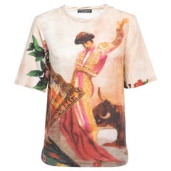 Dolce 
Gabbana Mehrfarbiges T-Shirt aus bedruckter Baumwolle und Leinen mit Bull Rider-Druck XS