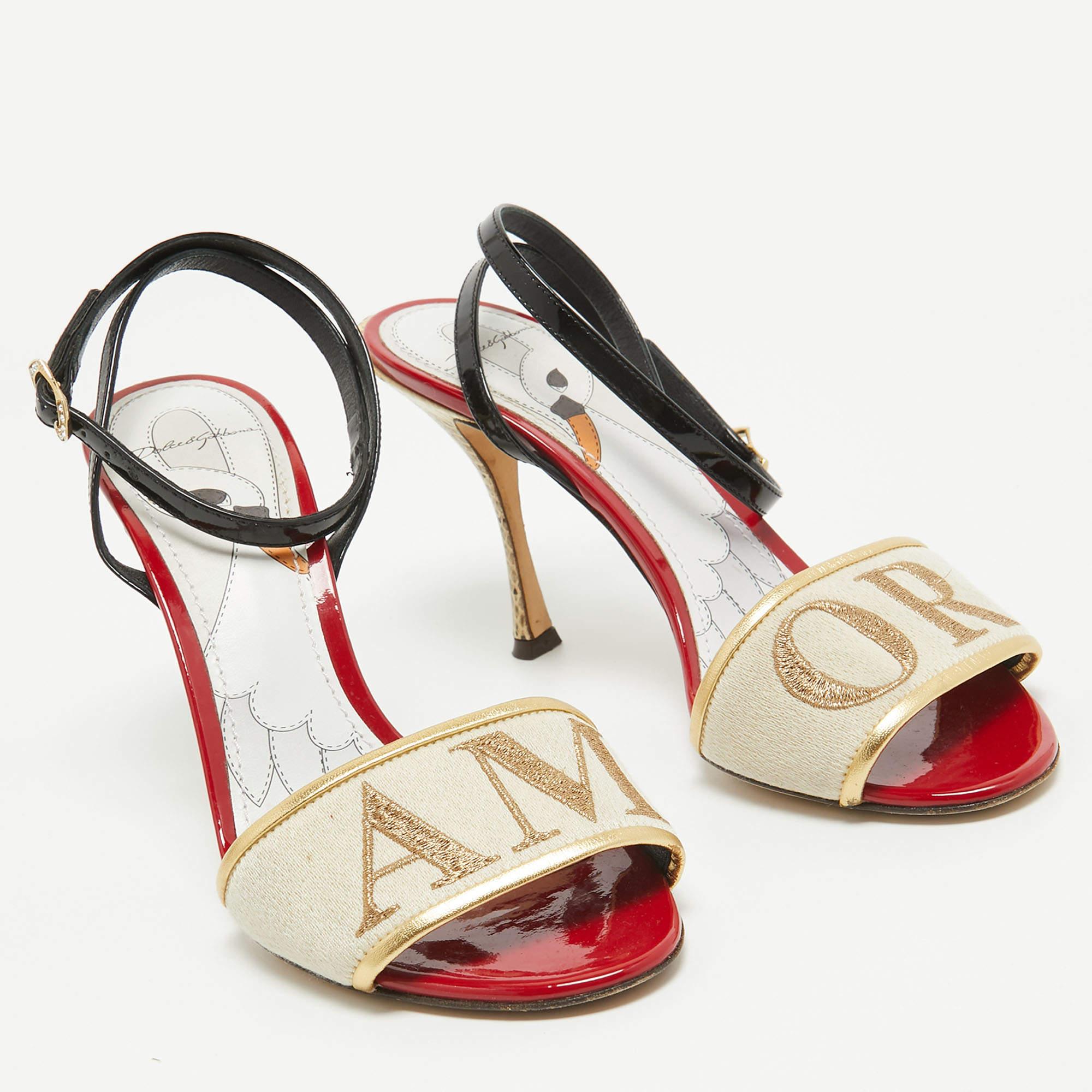 Beige Dolce & Gabbana Multicolor Canvas Amore Ankle Strap Sandals Size 37.5