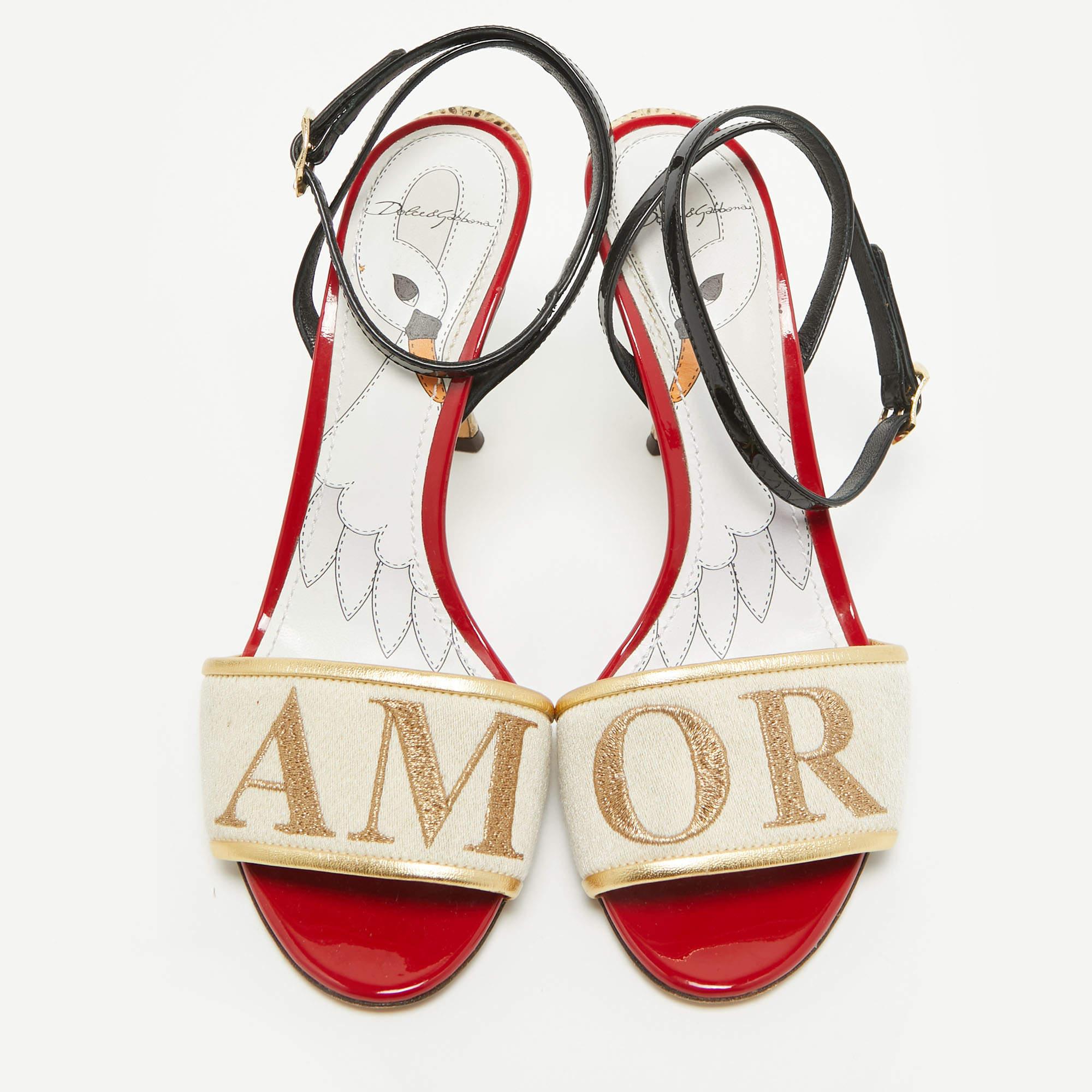 Women's Dolce & Gabbana Multicolor Canvas Amore Ankle Strap Sandals Size 37.5 For Sale