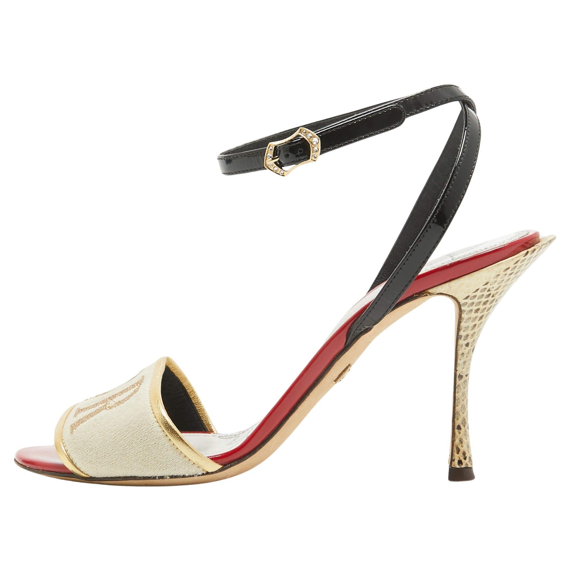 Dolce & Gabbana Multicolor Canvas Amore Ankle Strap Sandals Size 37.5 For Sale