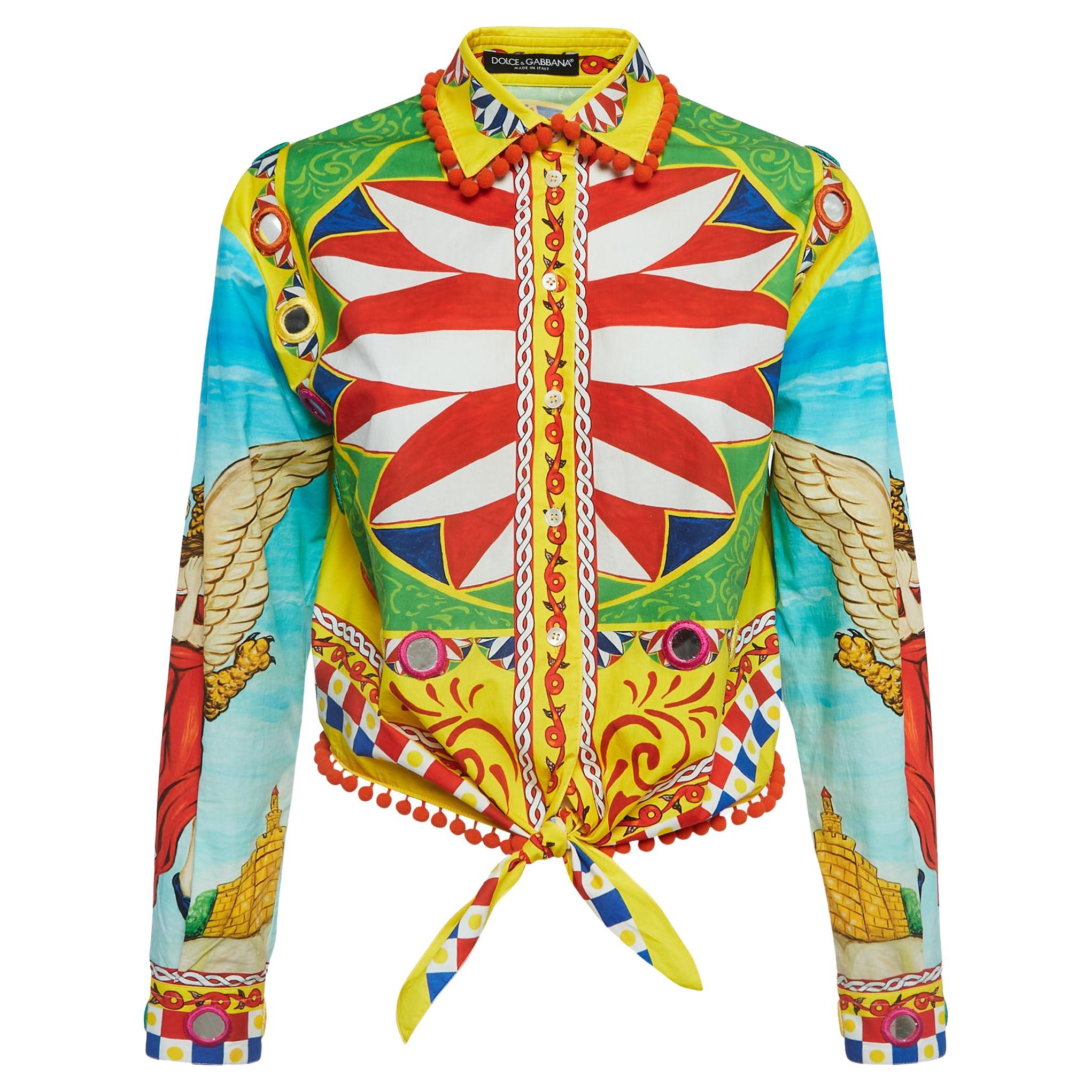 Dolce & Gabbana Multicolor Carreto Print Cotton Knotted Shirt S For Sale