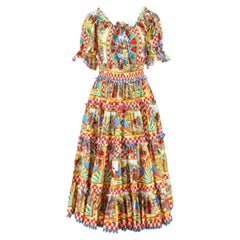 Dolce & Gabbana Multicolor Carretto Siciliano Cotton Poplin Maxi Dress Long