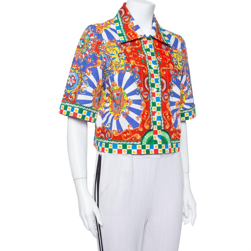 Dolce & Gabbana Multicolor Carretto Siciliano Druck Baumwolle Cropped Shirt M (Beige)