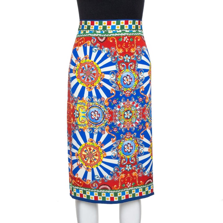 Dolce and Gabbana Multicolor Carretto Siciliano Print Silk Pencil Skirt ...