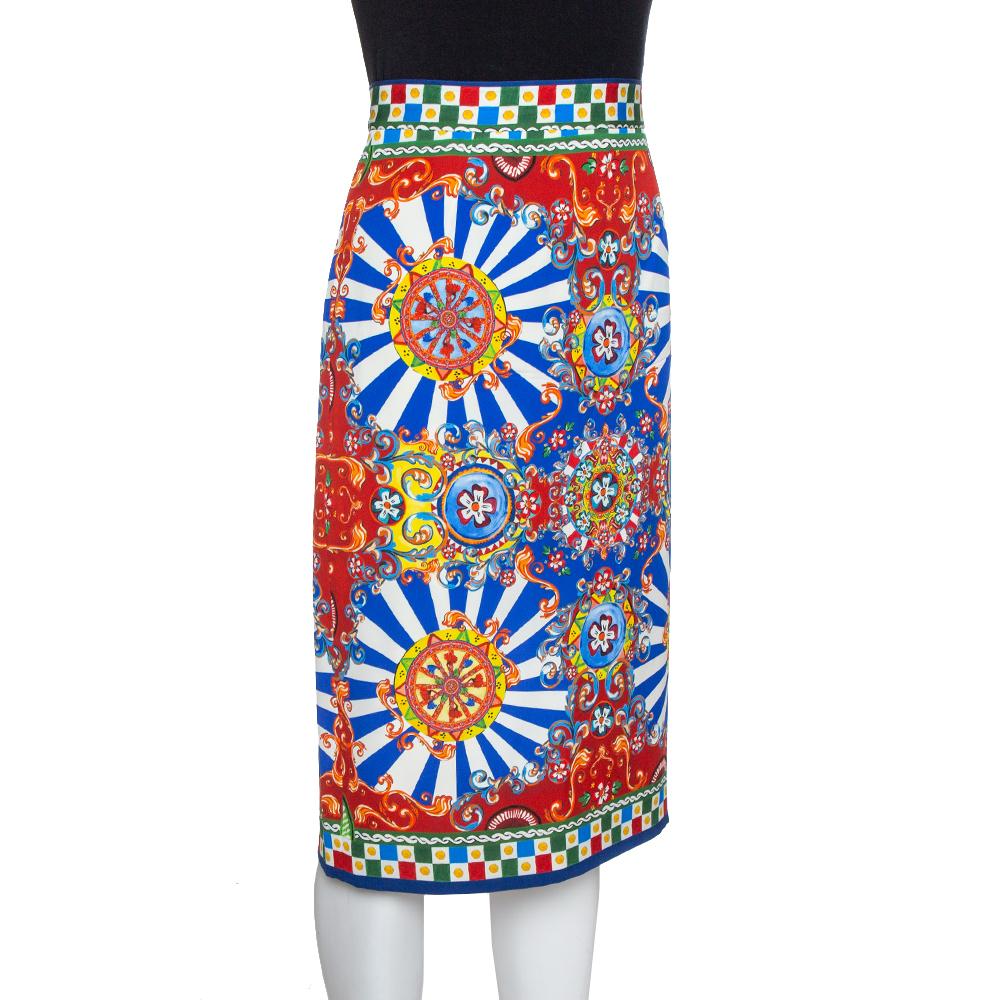 Dolce & Gabbana Multicolor Carretto Siciliano Druck Seide Bleistiftrock L (Braun)
