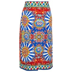 Dolce & Gabbana Multicolor Carretto Siciliano Print Silk Pencil Skirt L