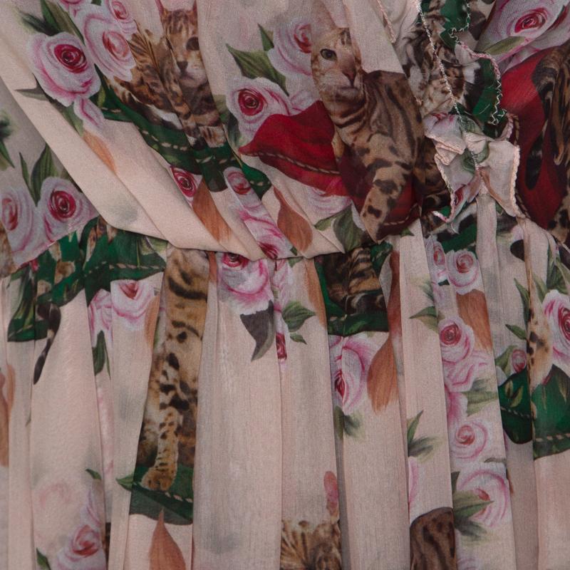 Brown Dolce & Gabbana Multicolor Cat and Floral Print Silk Ruffled Trim Midi Dress M