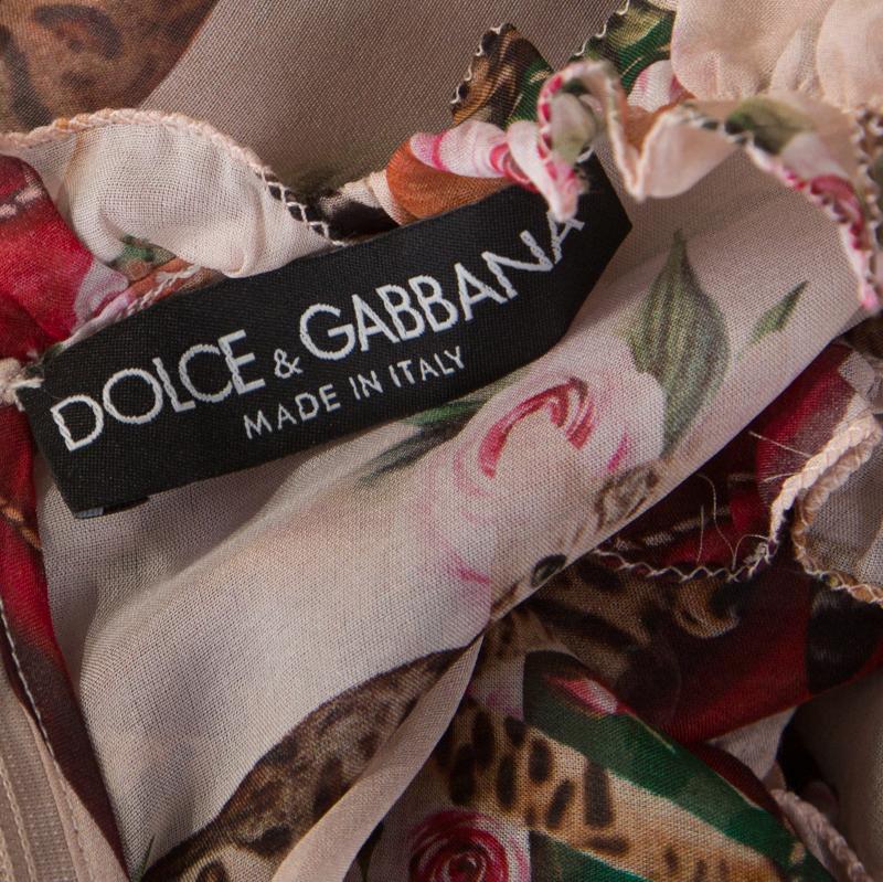 Women's Dolce & Gabbana Multicolor Cat and Floral Print Silk Ruffled Trim Midi Dress M