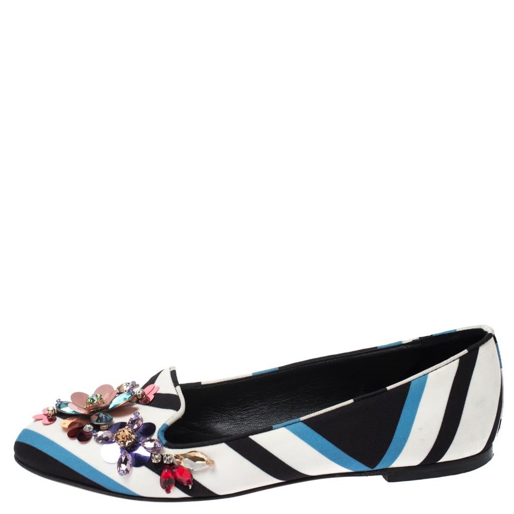 Dolce & Gabbana Multicolor Chevron Printed Fabric Crystal Ballet Flats Size 36.5 For Sale 1