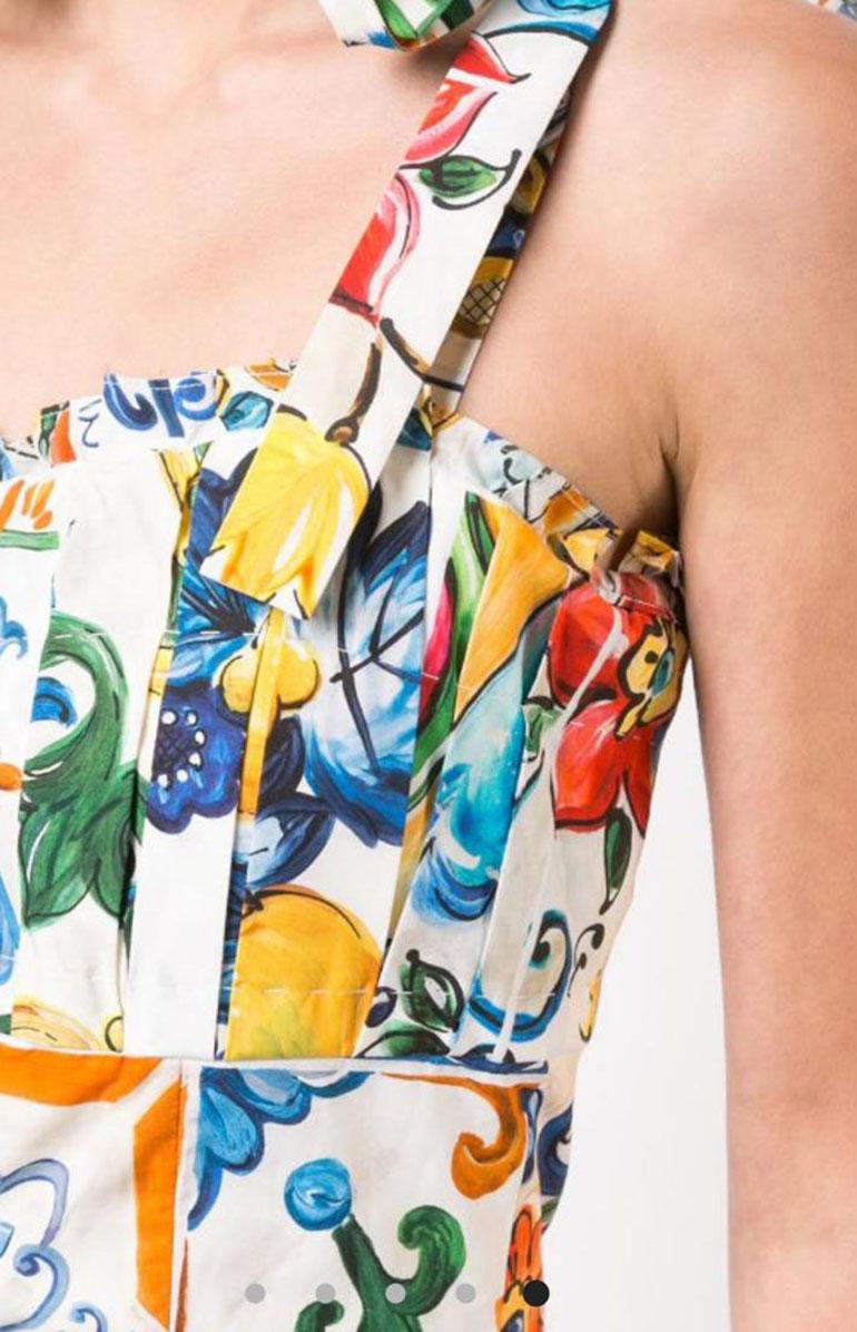 Beige Dolce & Gabbana Multicolor Cotton Floral Sicily Maiolica Maxi Dress Jumpsuit DG